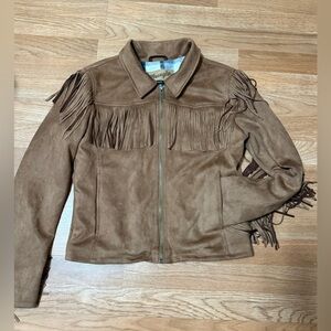 Wrangler, Women's Western Fringe Lined Zip Pockets Jacket Color:Tan Size: M